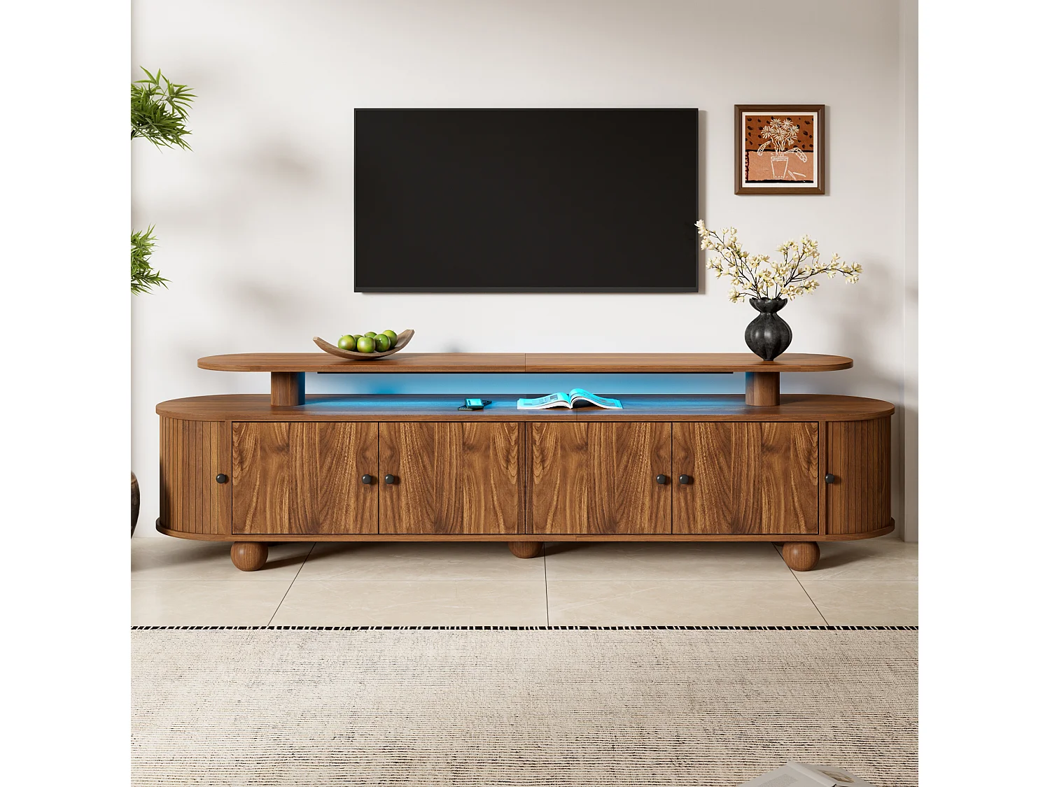 Mobile TV basso da 180 cm con 6 ante e illuminazione ambientale a LED - MDF - 180 x 40 x 48 cm - Noce