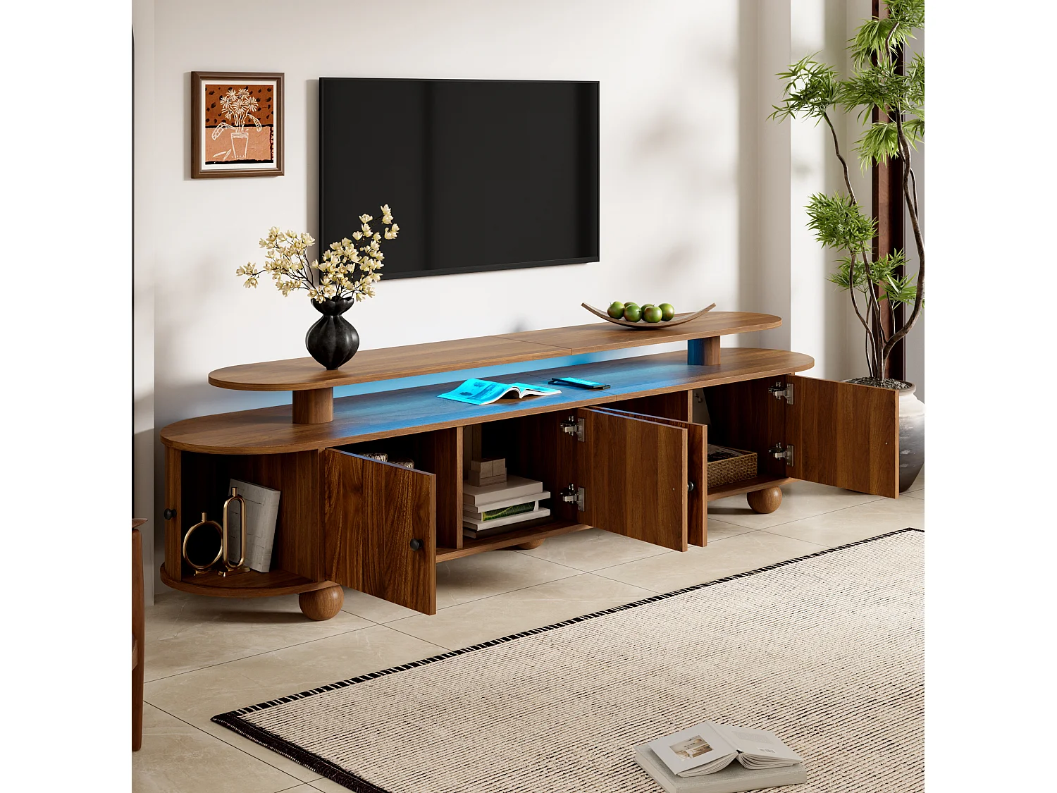 Mobile TV basso da 180 cm con 6 ante e illuminazione ambientale a LED - MDF - 180 x 40 x 48 cm - Noce