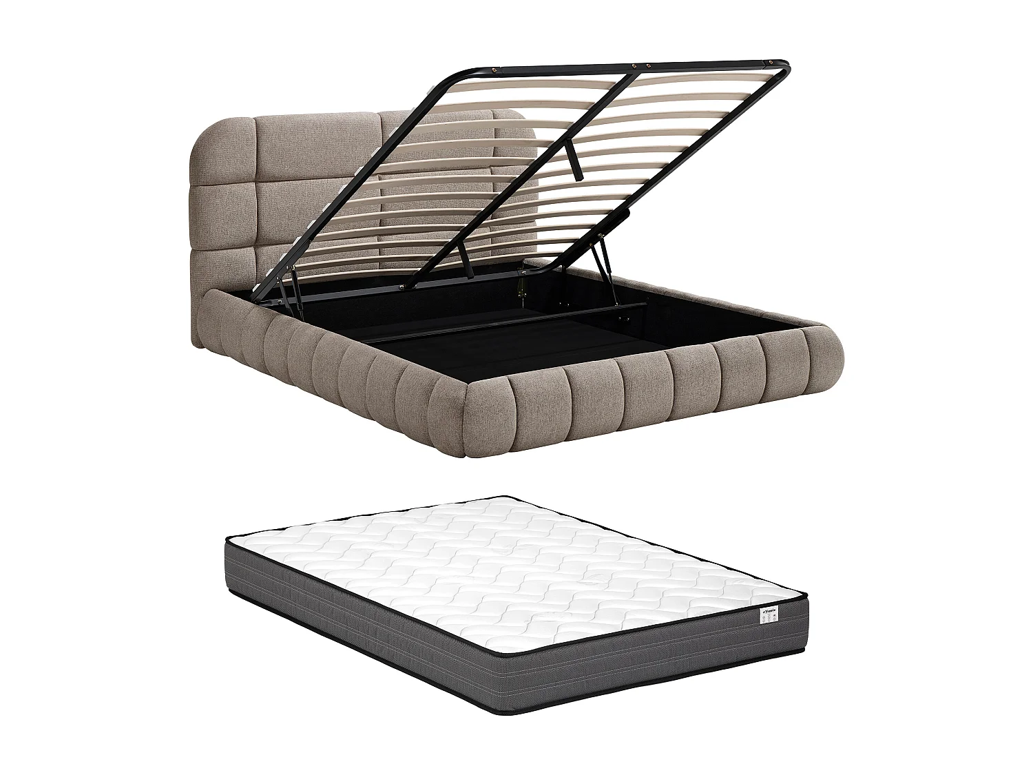 Lit coffre 180 x 200 cm - Tissu texturé - Taupe + matelas - FORIOSY