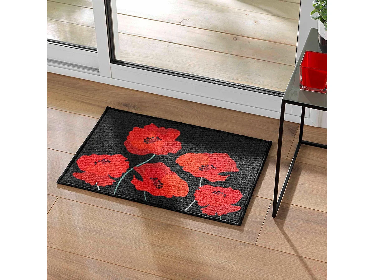 Tapis Déco Imprimé "Coquelicots" 40x60cm Noir & Rouge