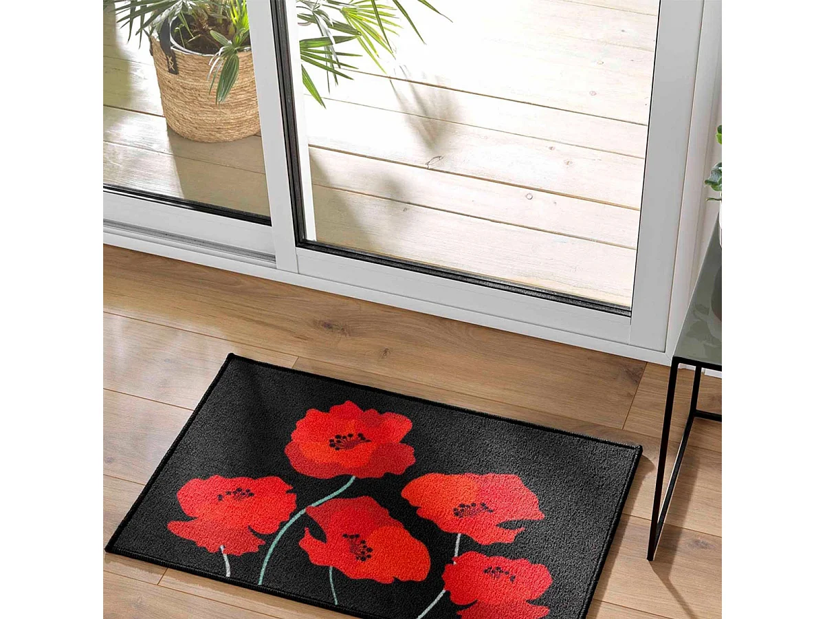 Tapis Déco Imprimé "Coquelicots" 50x80cm Noir & Rouge
