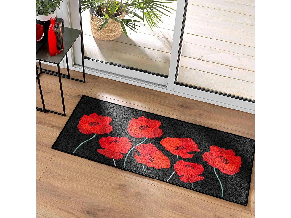 Tapis Déco Imprimé "Coquelicots" 50x120cm Noir & Rouge