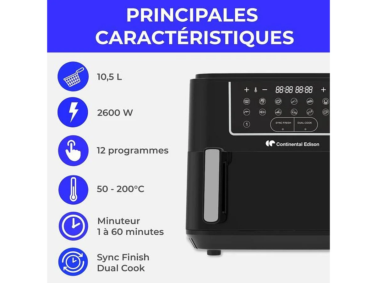 Friteuse à air Continental Edison CEFR2400TB 10,5 L - 2600 W, 12 programmes, Noir