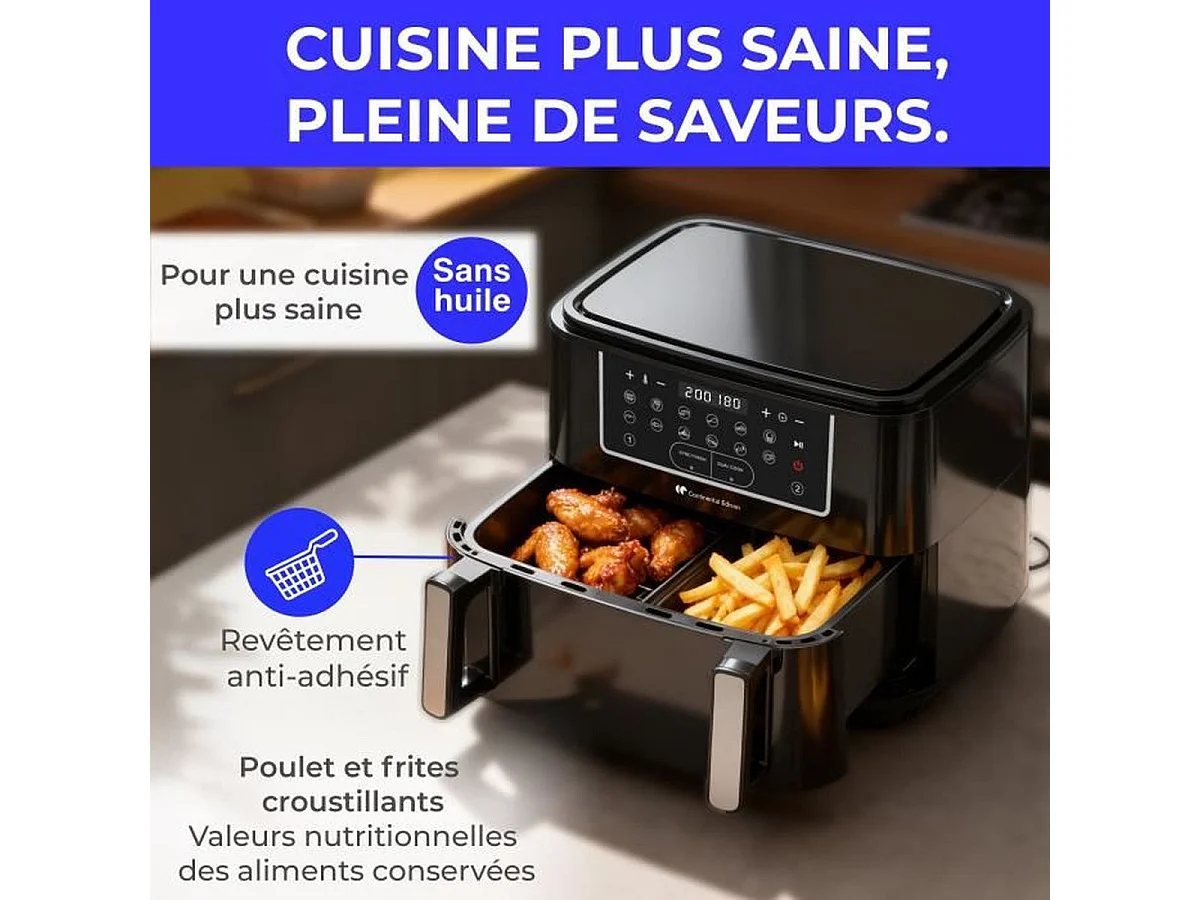 Friteuse à air Continental Edison CEFR2400TB 10,5 L - 2600 W, 12 programmes, Noir