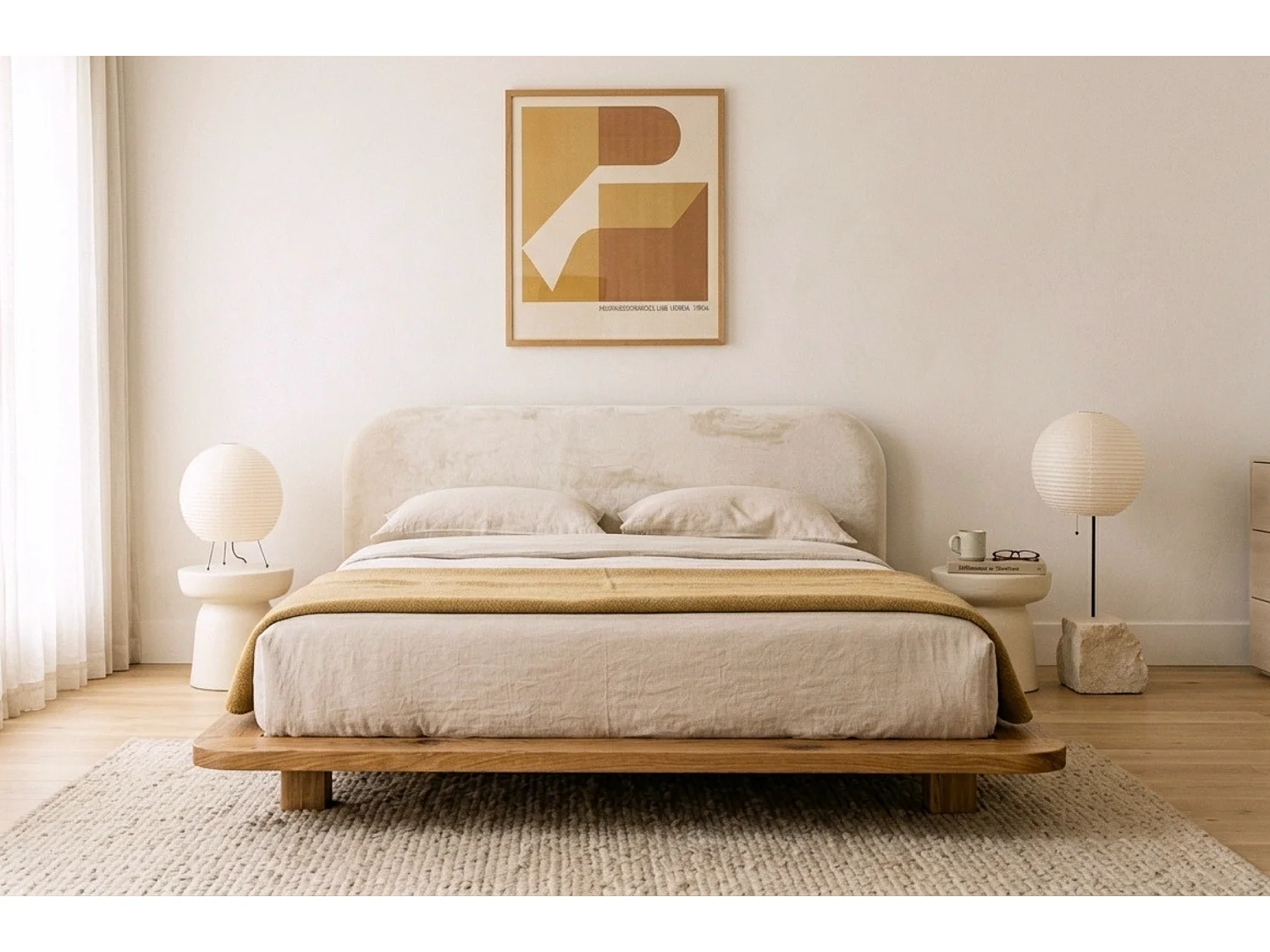 Lit en bois massif Eyko BORA 140 x 200 cm, chêne laqué, tête de lit en velours écru