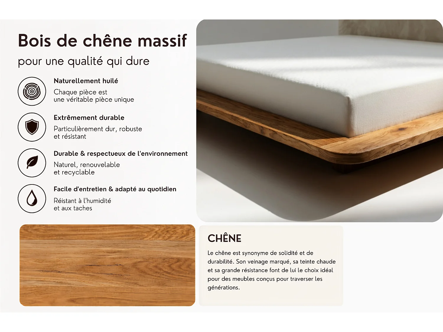 Lit en bois massif Eyko BORA 140 x 200 cm, chêne laqué, tête de lit en velours noir