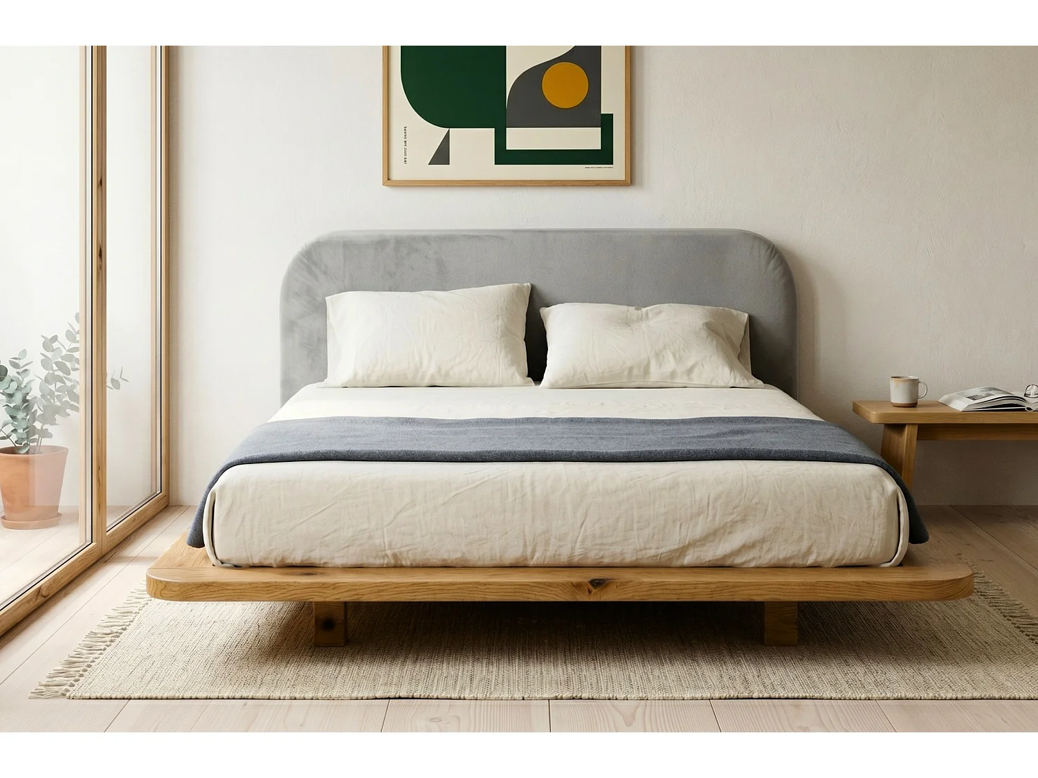 Lit en bois massif Eyko BORA 140 x 200 cm, chêne laqué, tête de lit en velours gris