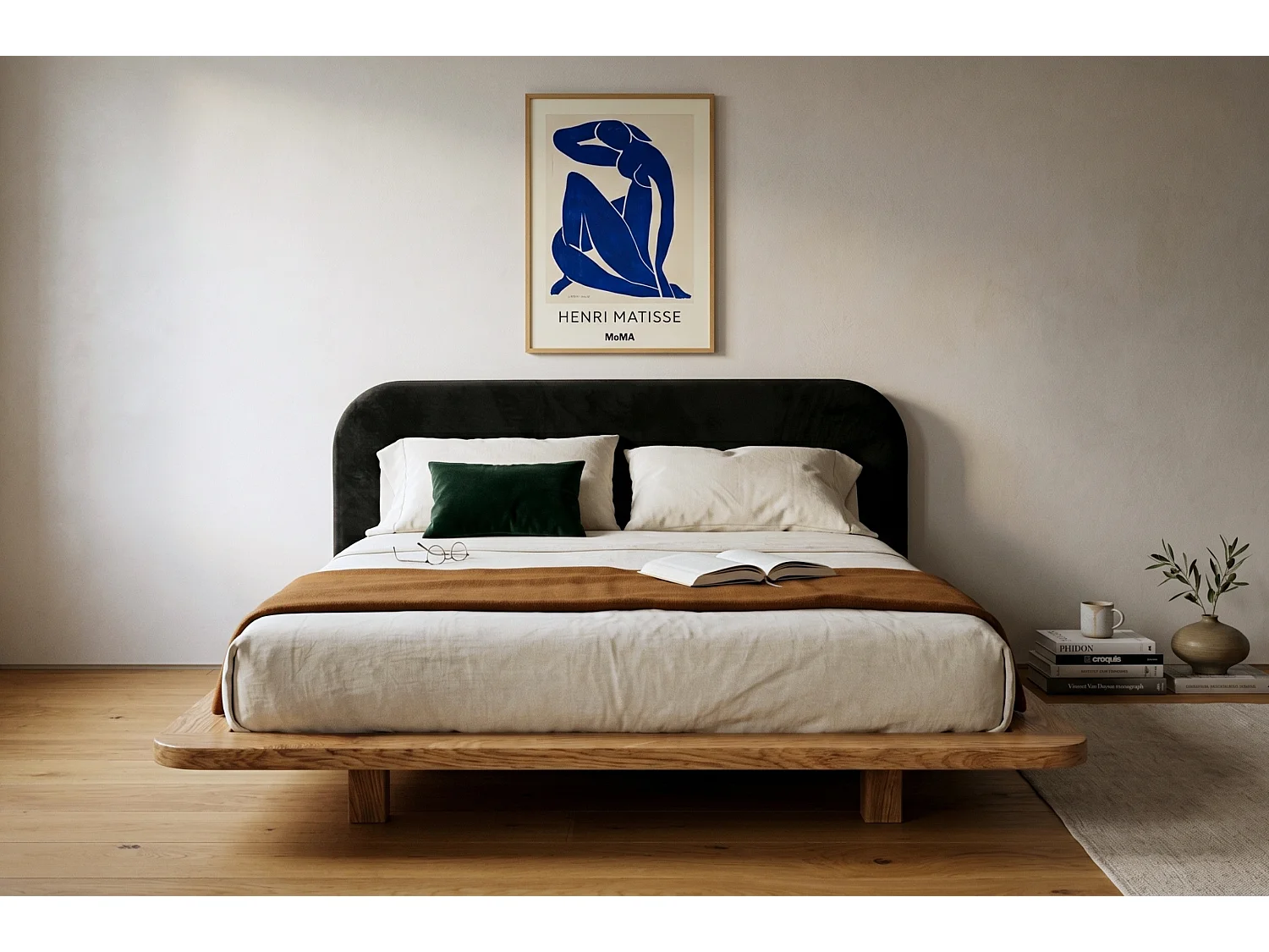 Lit en bois massif Eyko BORA 160 x 200 cm, chêne laqué, tête de lit en velours noir