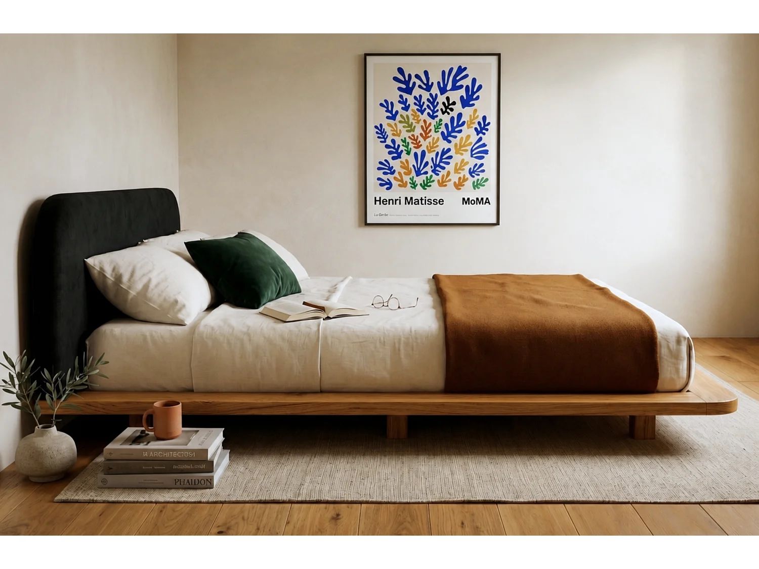 Lit en bois massif Eyko BORA 180 x 200 cm, chêne laqué, tête de lit en velours noir