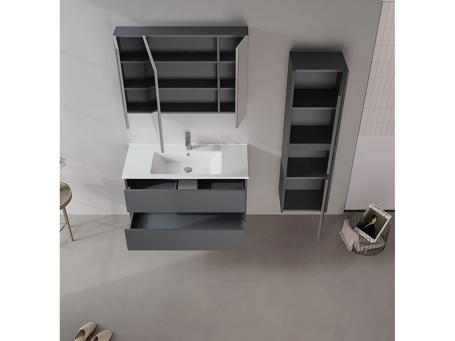 Matt Antracit Badrumsskåp med handfat - 100 x 45 x 52 cm - Modern Design