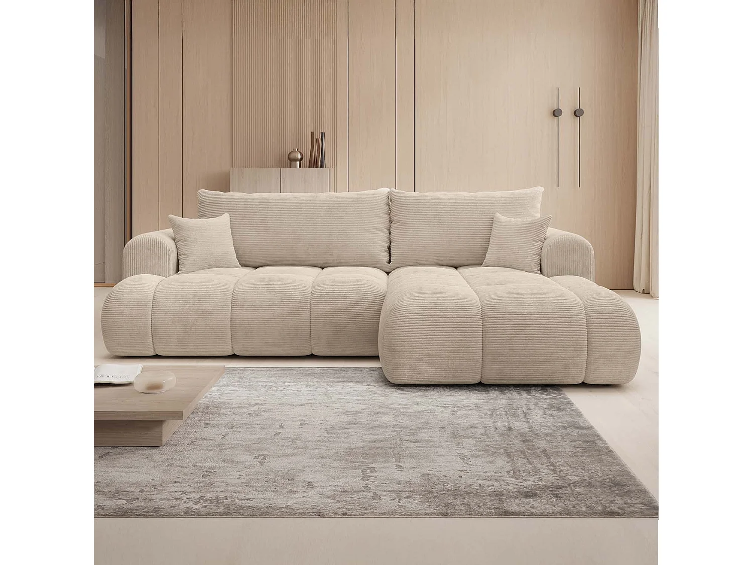 Canapé d'angle droit convertible Basile velours côtelé Beige