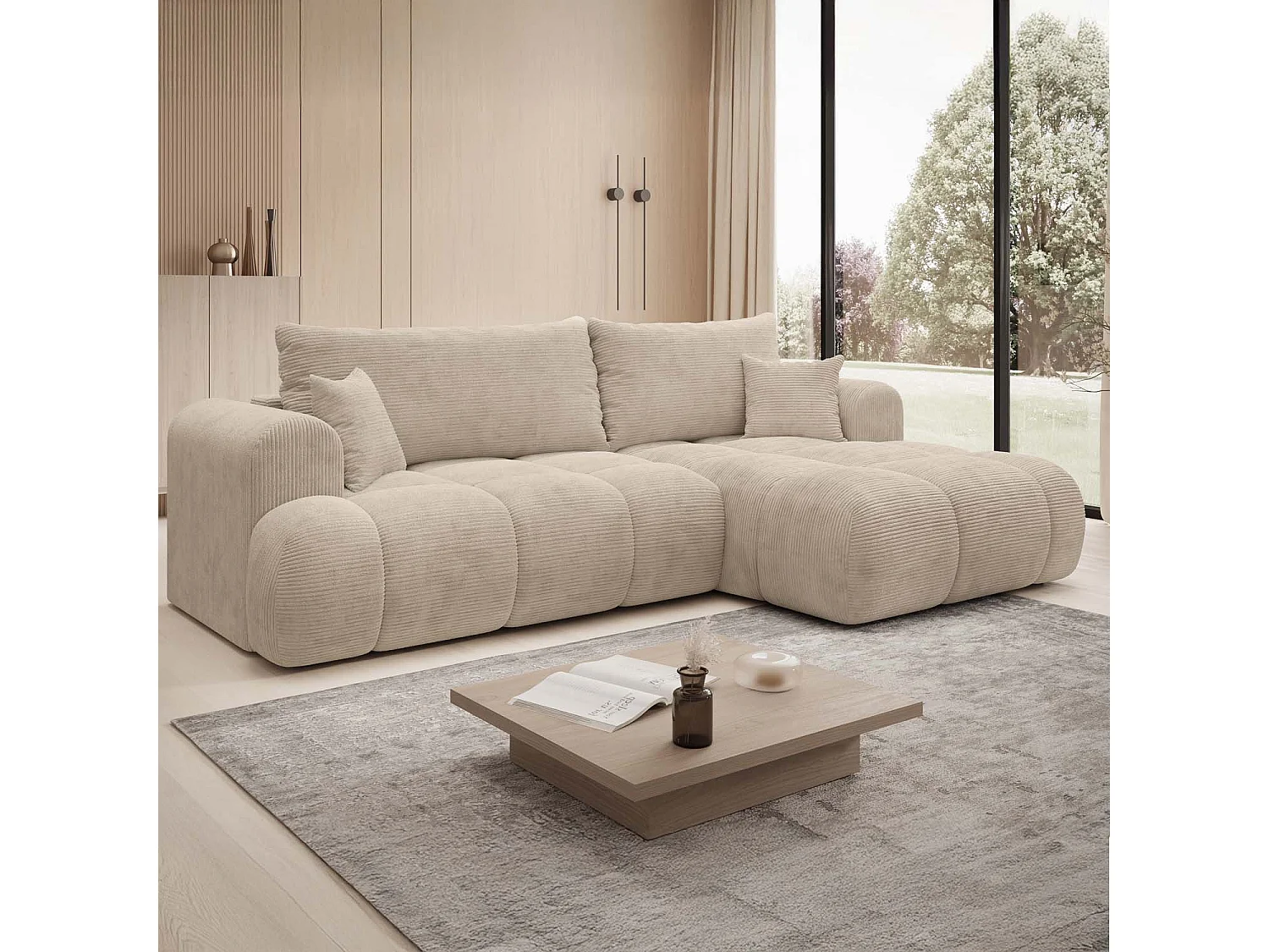 Canapé d'angle droit convertible Basile velours côtelé Beige