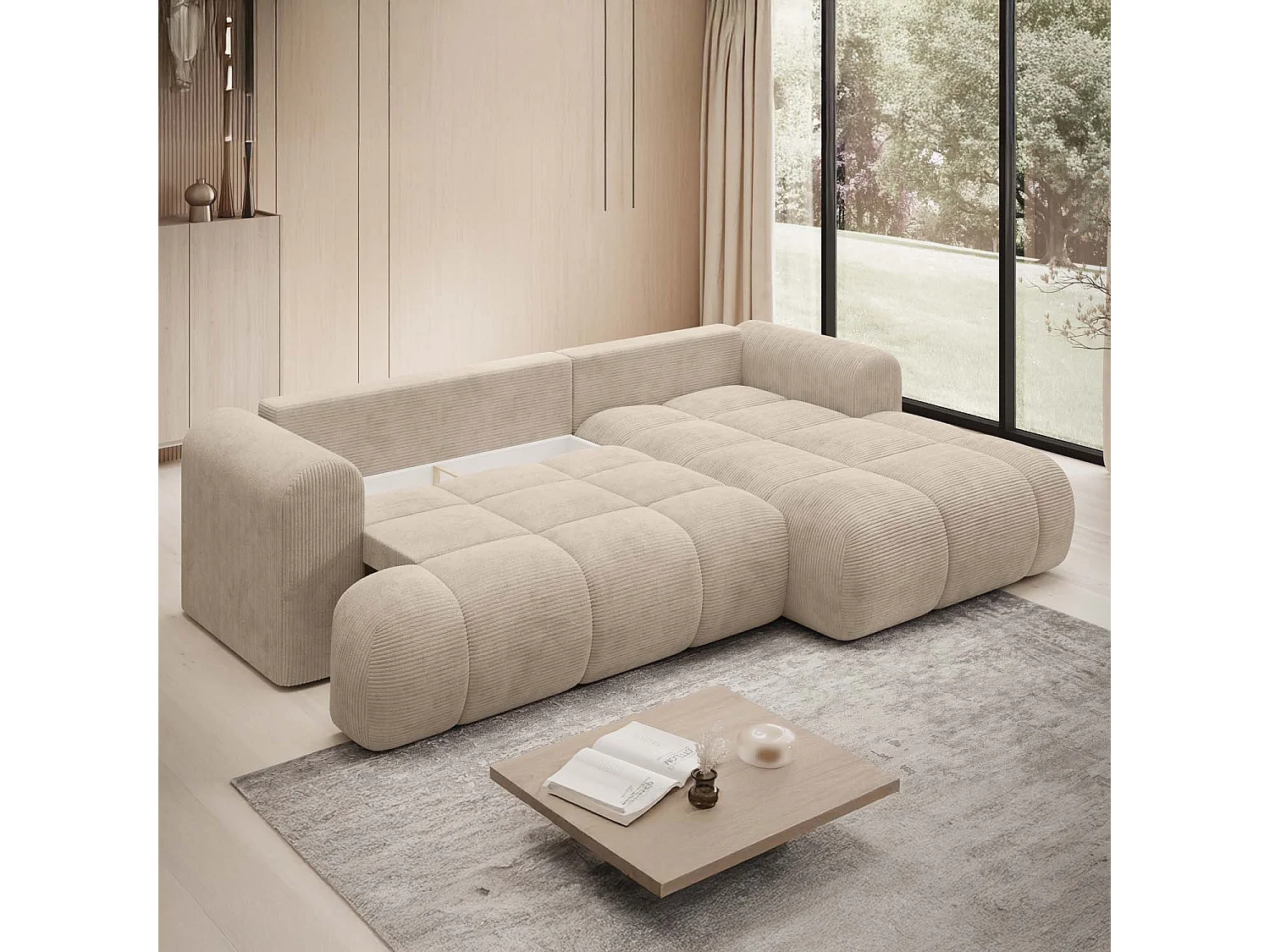 Canapé d'angle droit convertible Basile velours côtelé Beige