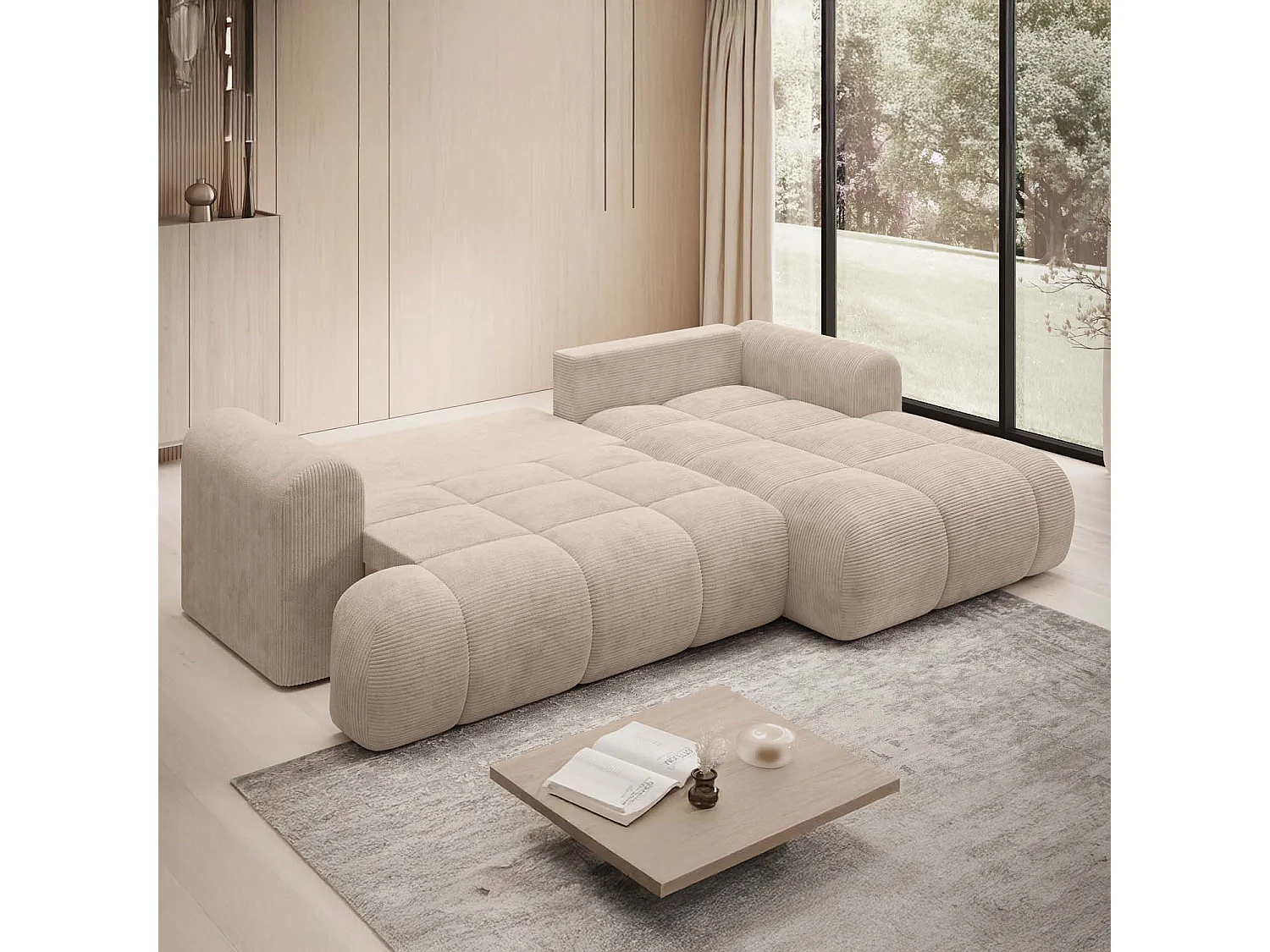 Canapé d'angle droit convertible Basile velours côtelé Beige