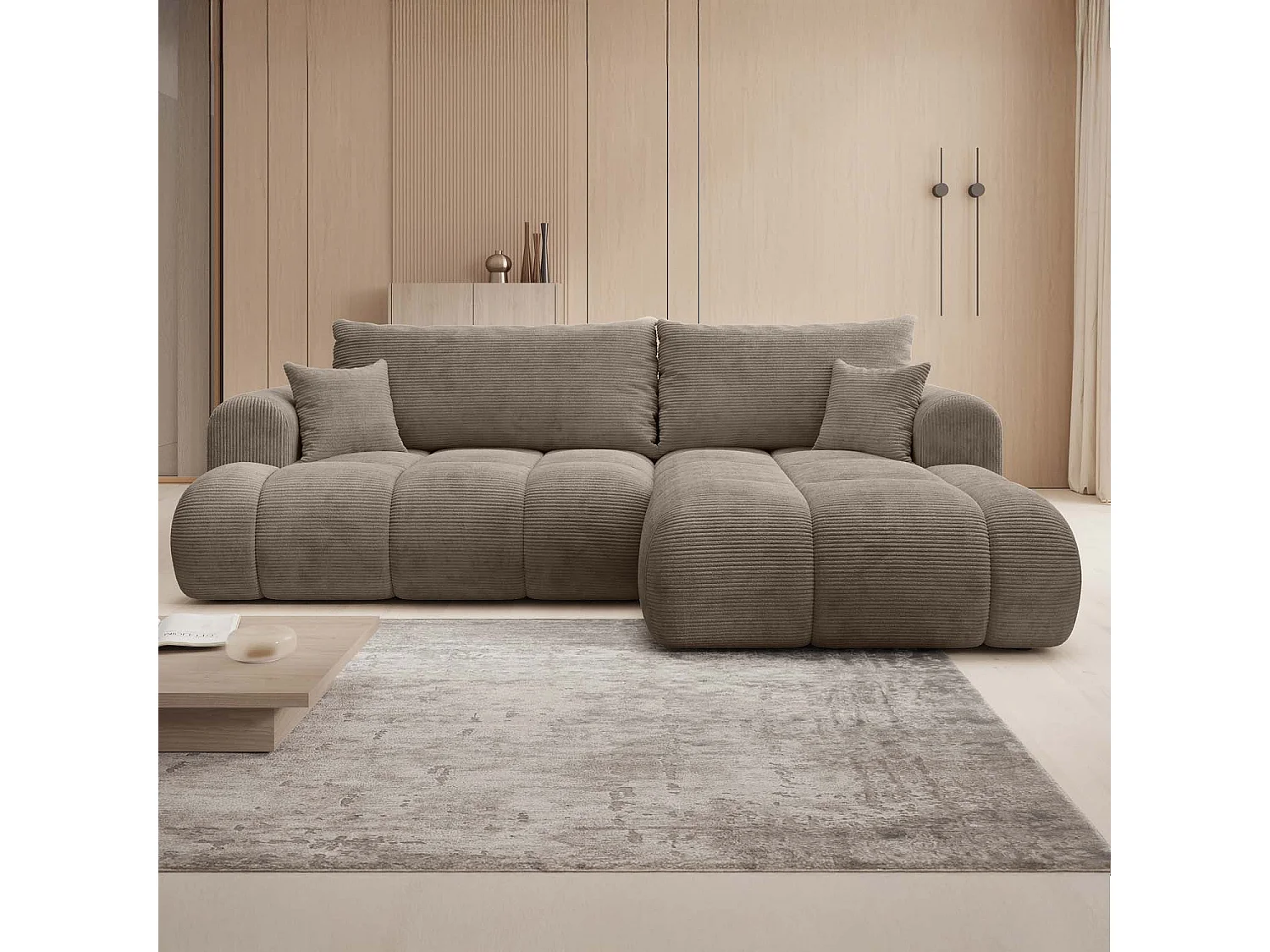 Canapé d'angle droit convertible Basile velours côtelé Taupe