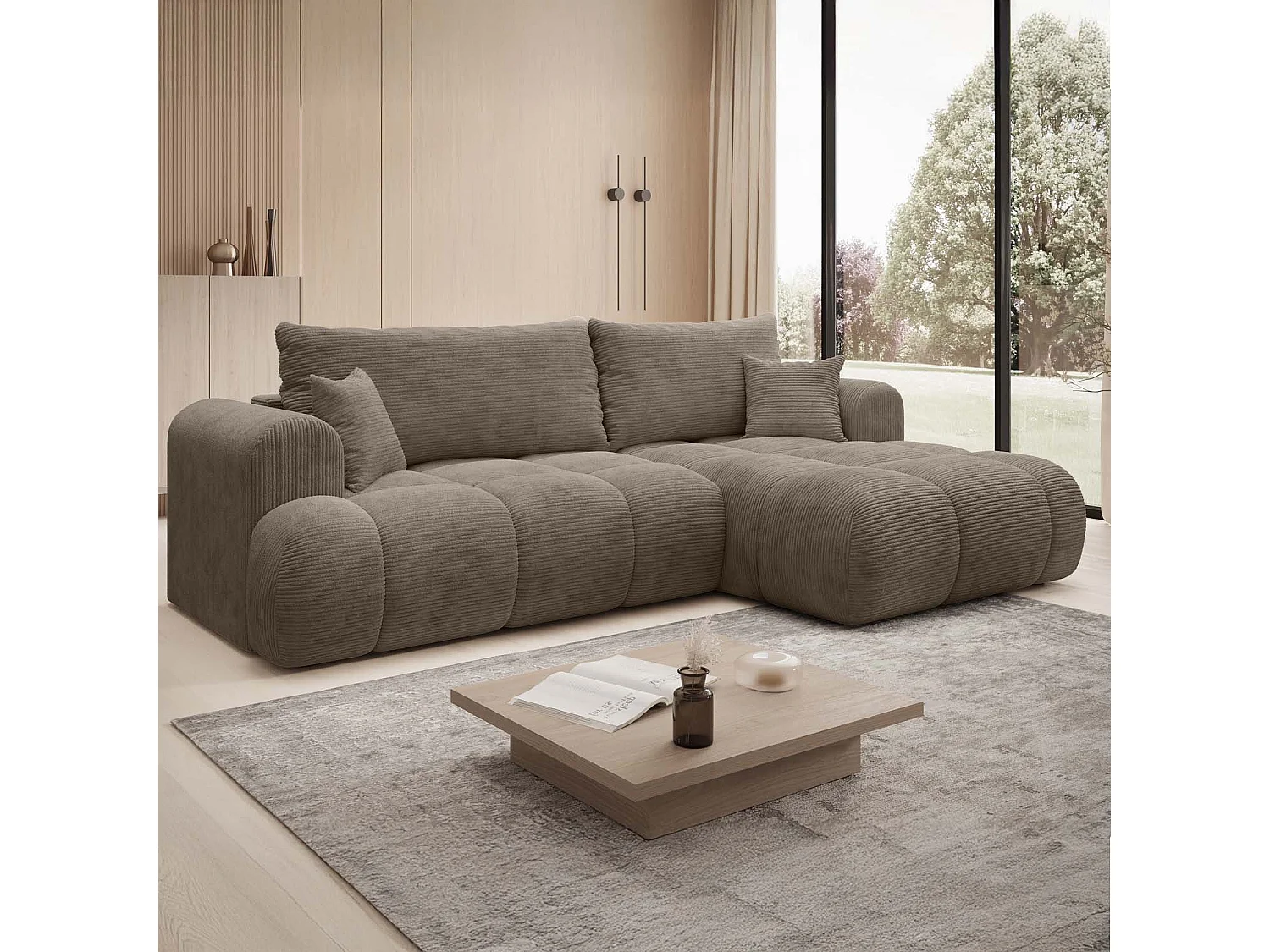 Canapé d'angle droit convertible Basile velours côtelé Taupe