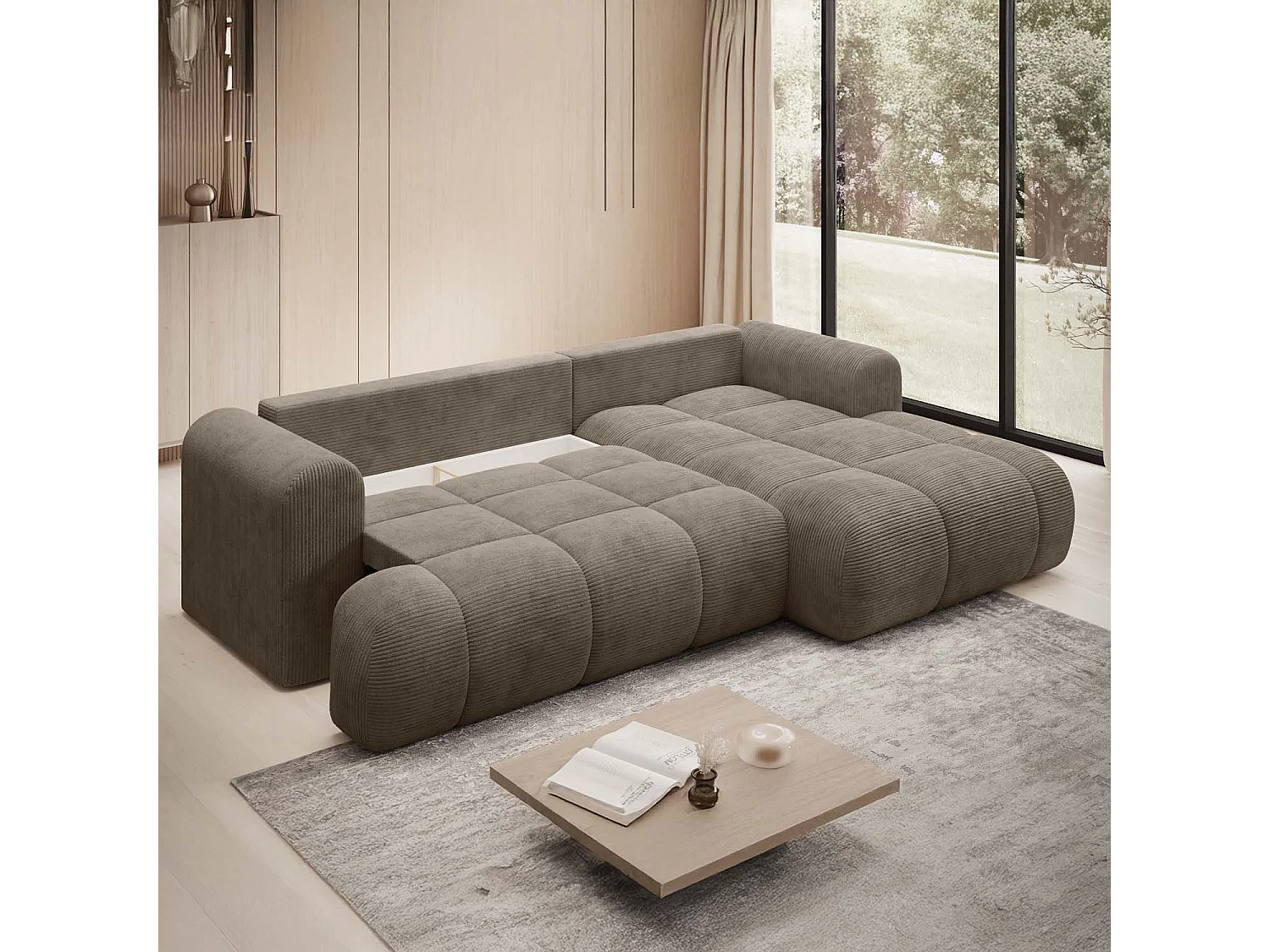Canapé d'angle droit convertible Basile velours côtelé Taupe