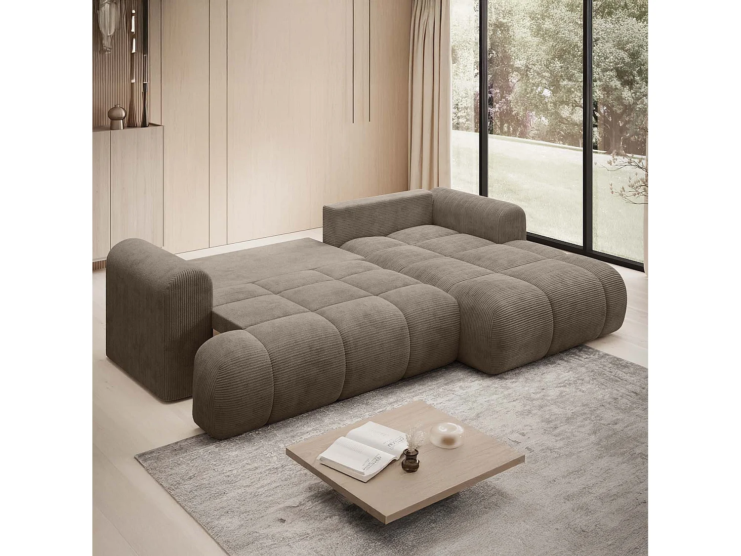 Canapé d'angle droit convertible Basile velours côtelé Taupe