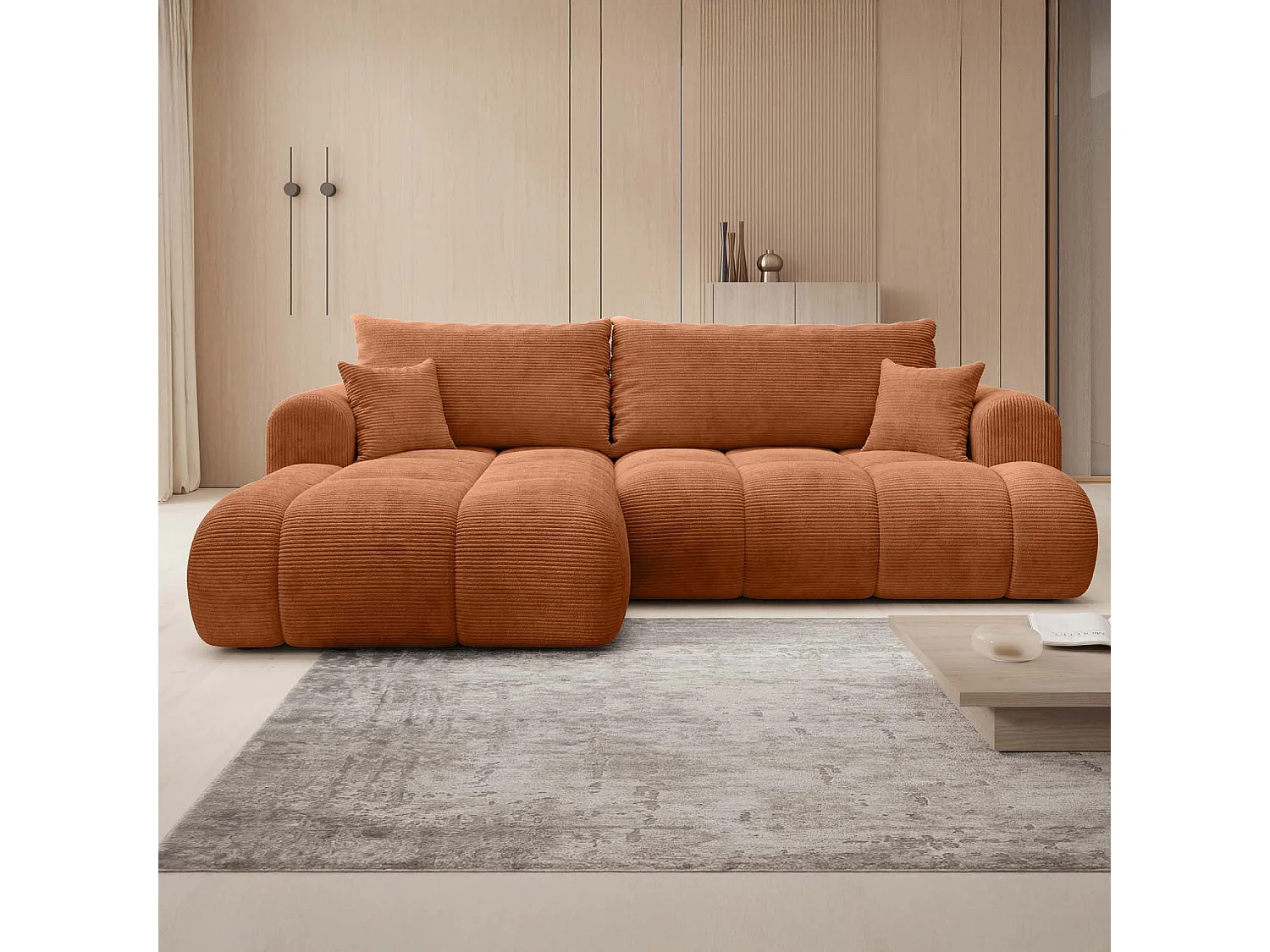 Canapé d'angle gauche convertible Basile velours côtelé Terracotta