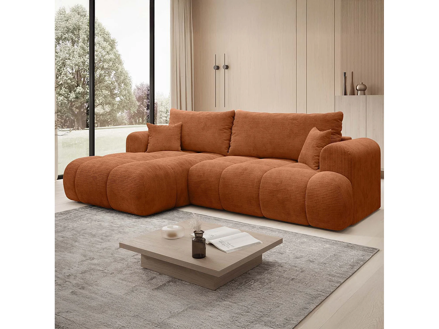 Canapé d'angle gauche convertible Basile velours côtelé Terracotta