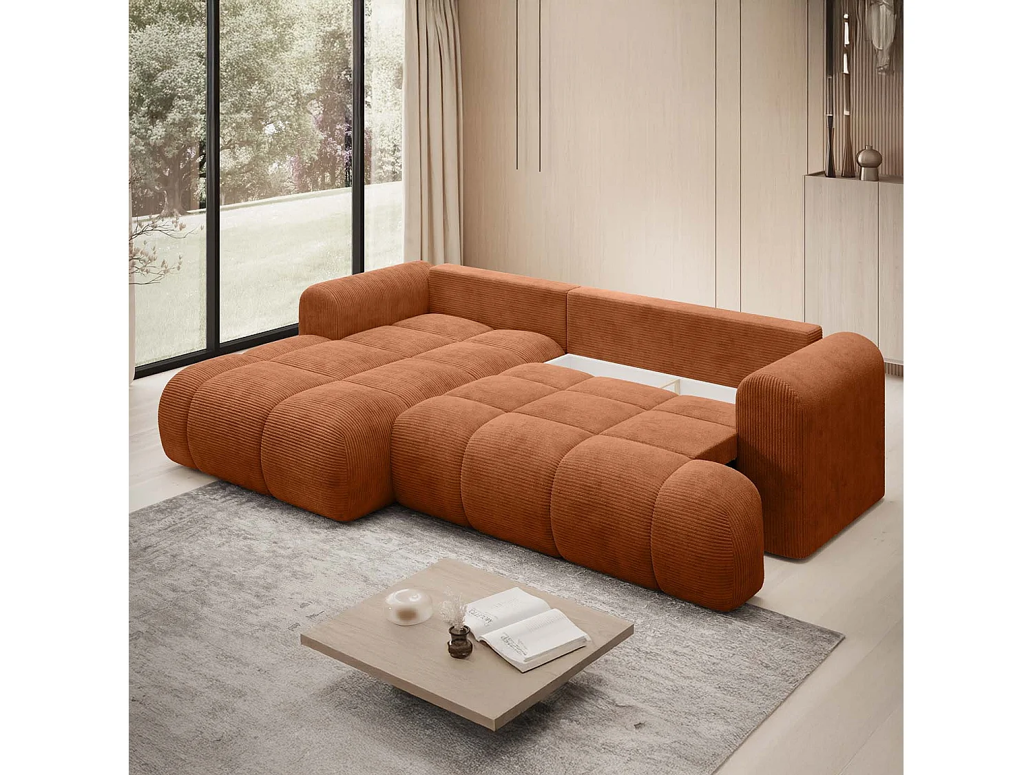 Canapé d'angle gauche convertible Basile velours côtelé Terracotta