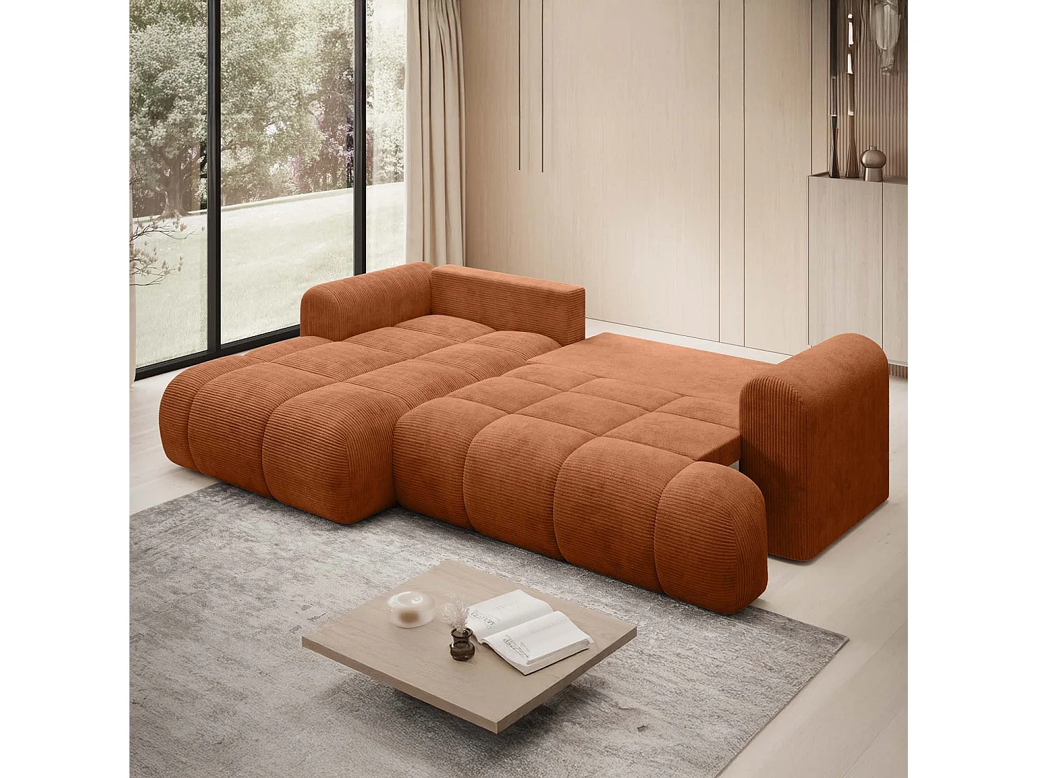 Canapé d'angle gauche convertible Basile velours côtelé Terracotta