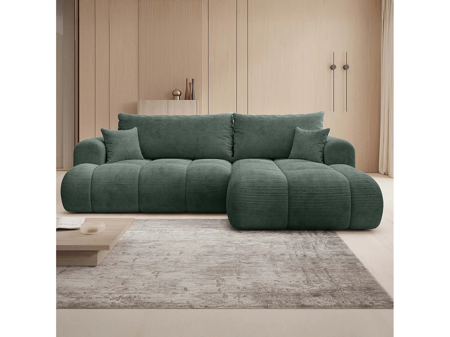 Canapé d'angle droit convertible Basile velours côtelé Vert