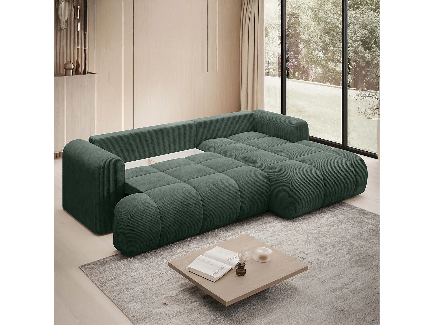 Canapé d'angle droit convertible Basile velours côtelé Vert