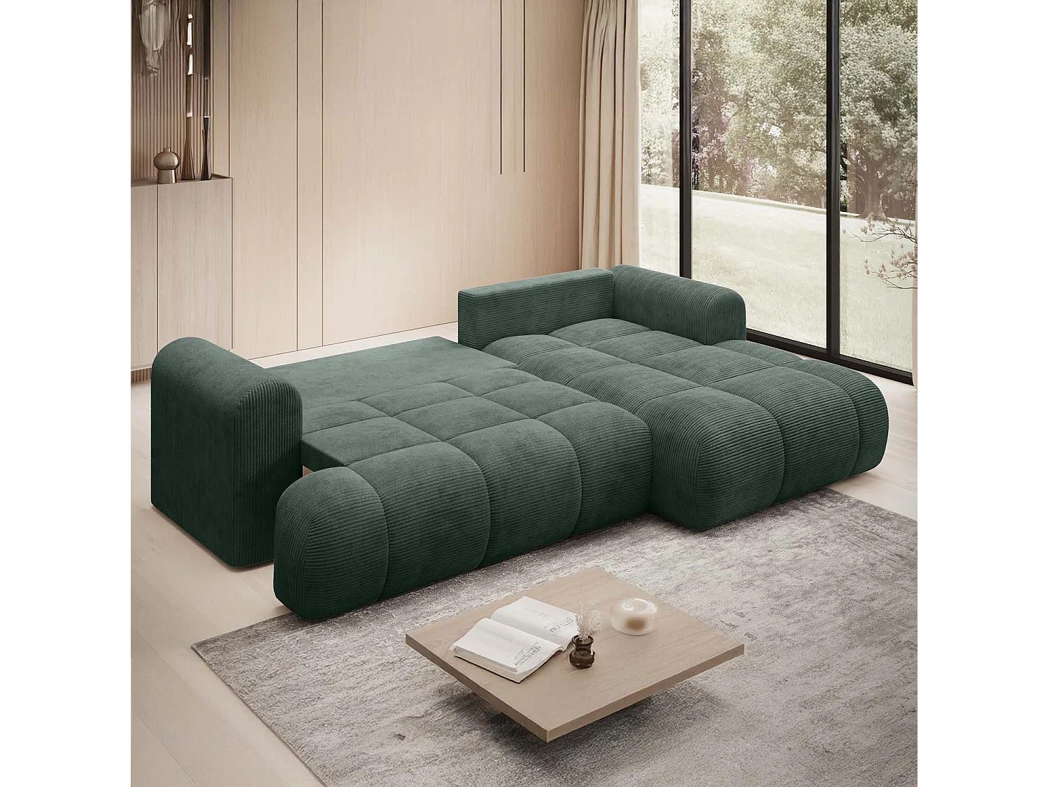 Canapé d'angle droit convertible Basile velours côtelé Vert