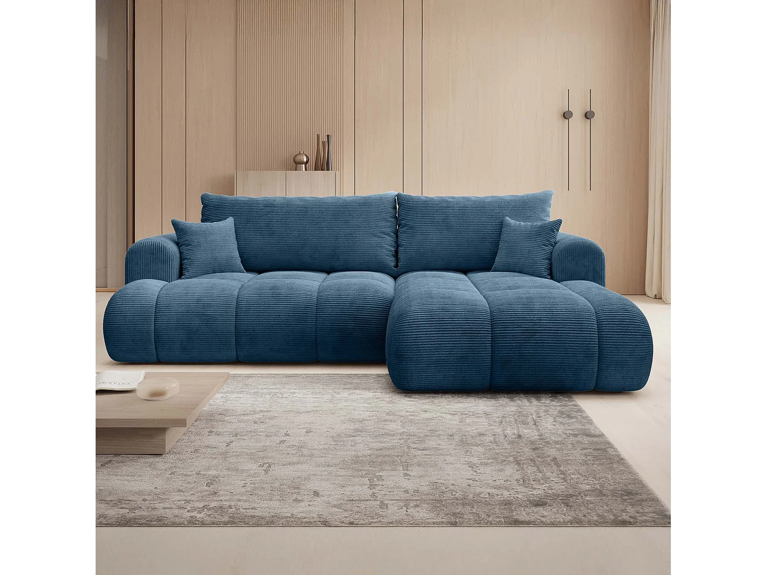 Canapé d'angle droit convertible Basile velours côtelé Bleu
