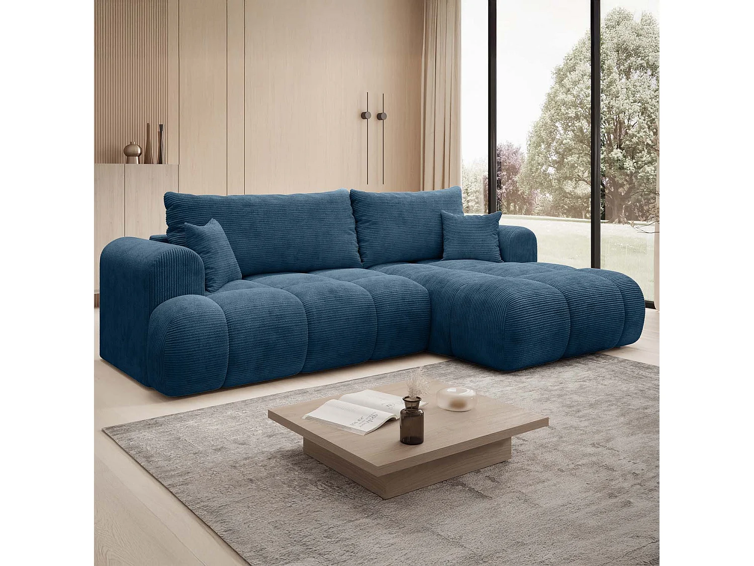 Canapé d'angle droit convertible Basile velours côtelé Bleu