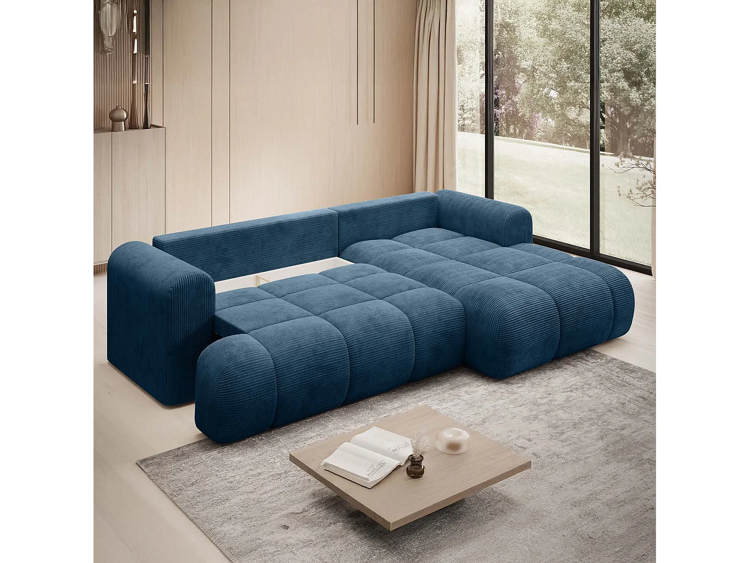 Canapé d'angle droit convertible Basile velours côtelé Bleu