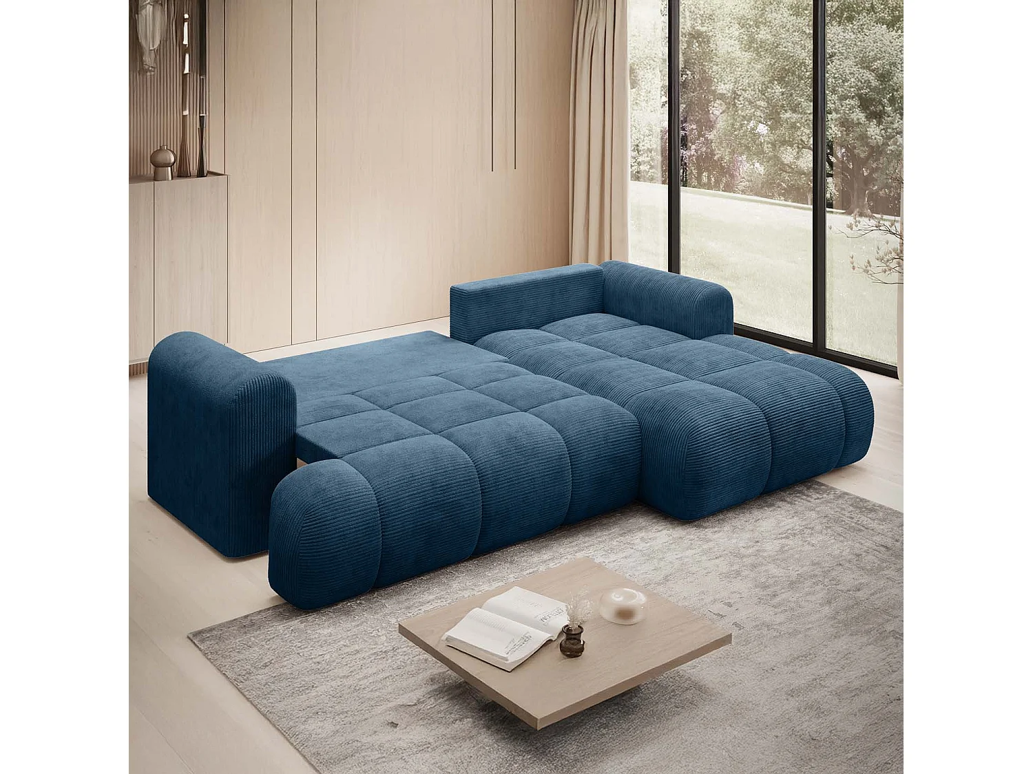 Canapé d'angle droit convertible Basile velours côtelé Bleu
