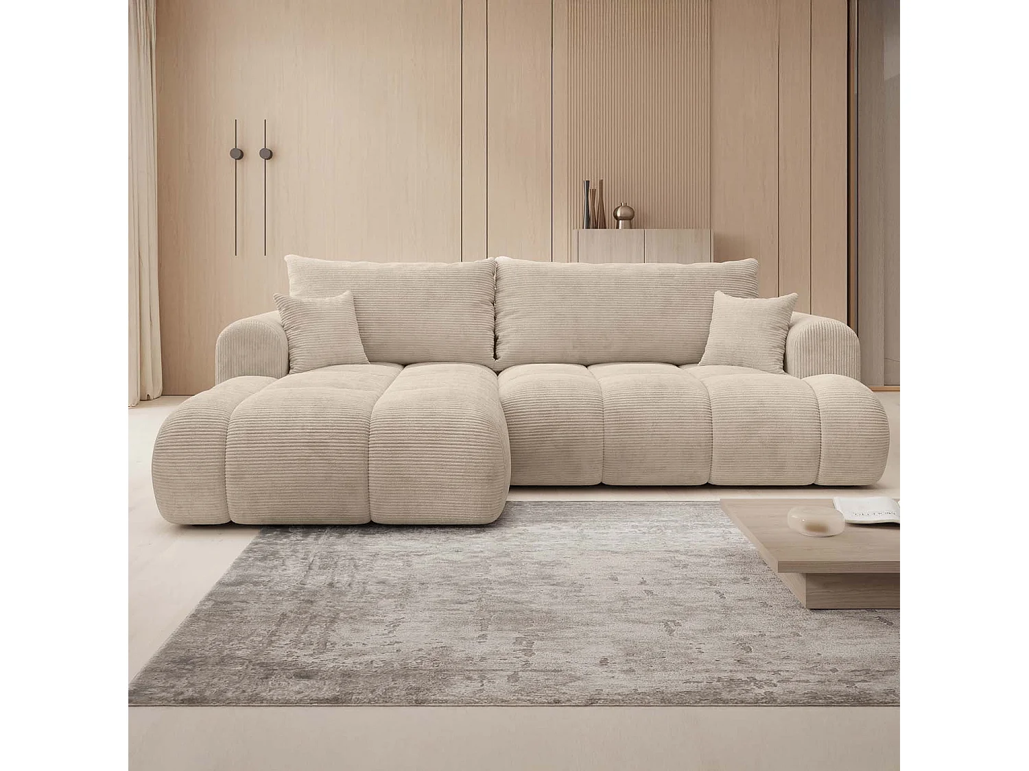 Canapé d'angle gauche convertible Basile velours côtelé Beige