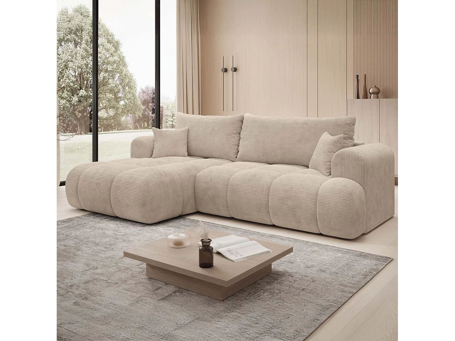 Canapé d'angle gauche convertible Basile velours côtelé Beige