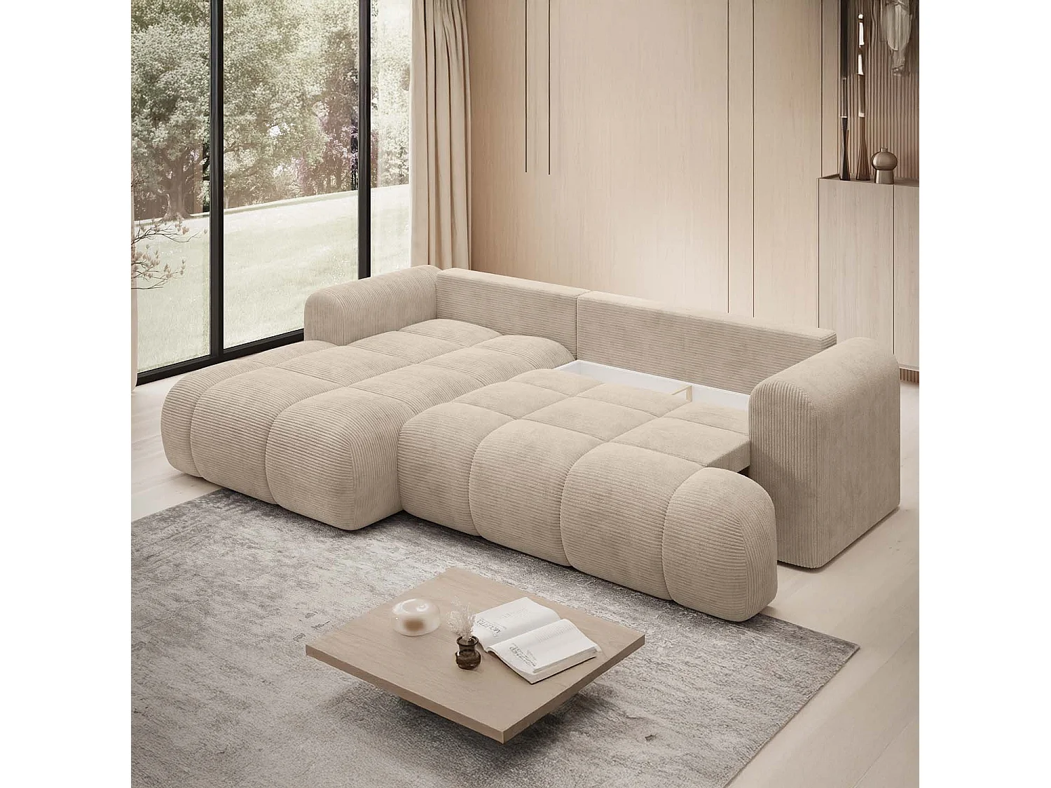 Canapé d'angle gauche convertible Basile velours côtelé Beige