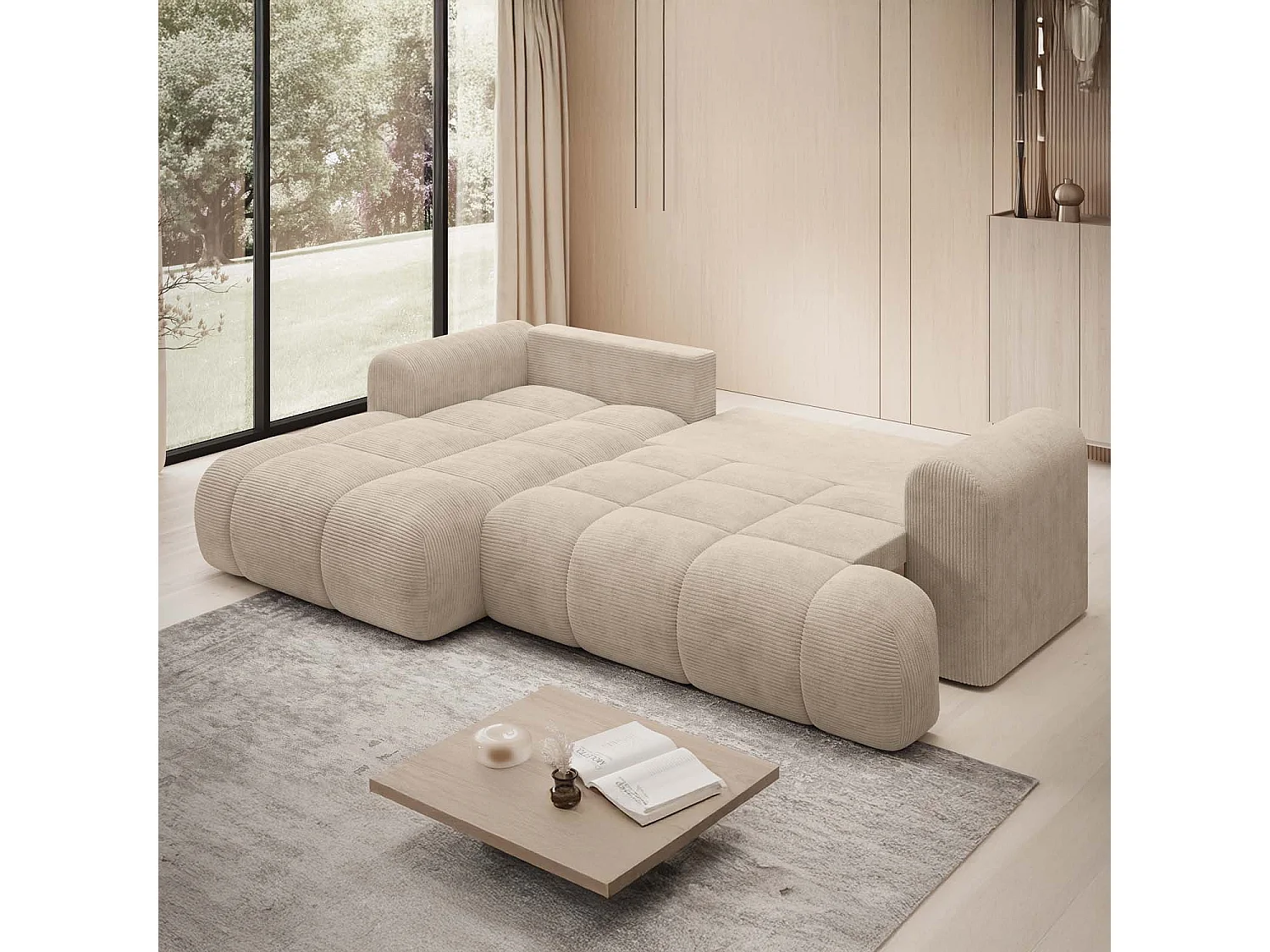Canapé d'angle gauche convertible Basile velours côtelé Beige
