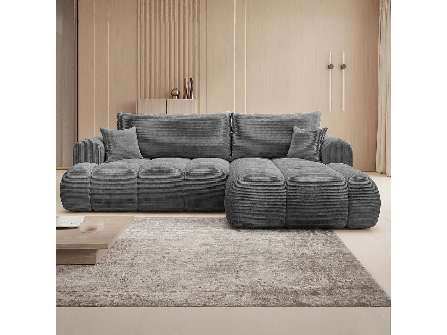Canapé d'angle droit convertible Basile velours côtelé Gris Foncé