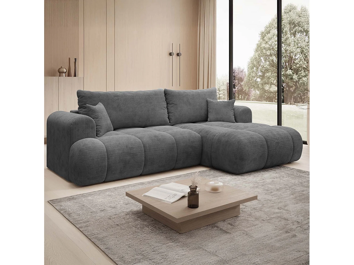 Canapé d'angle droit convertible Basile velours côtelé Gris Foncé