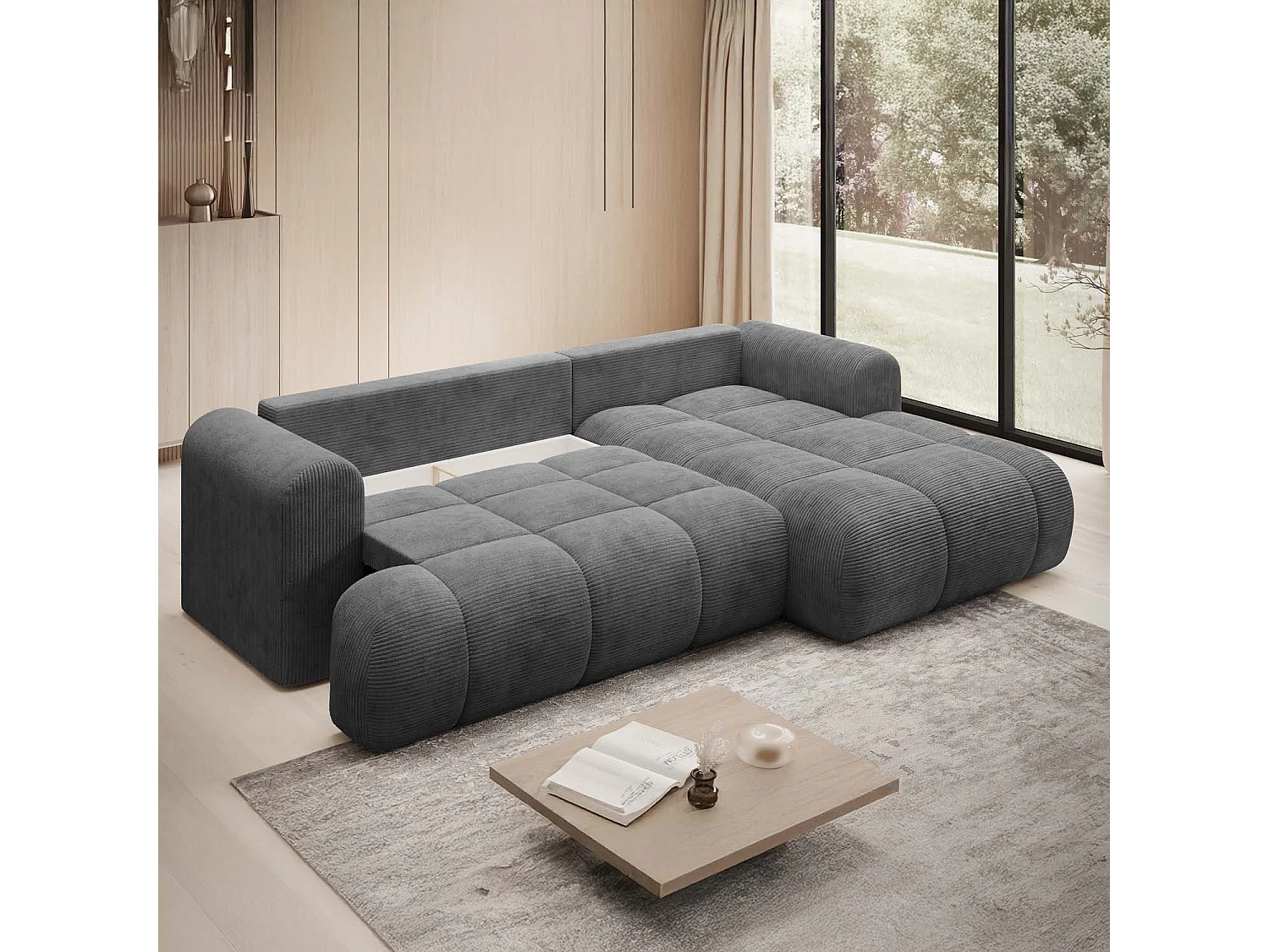 Canapé d'angle droit convertible Basile velours côtelé Gris Foncé