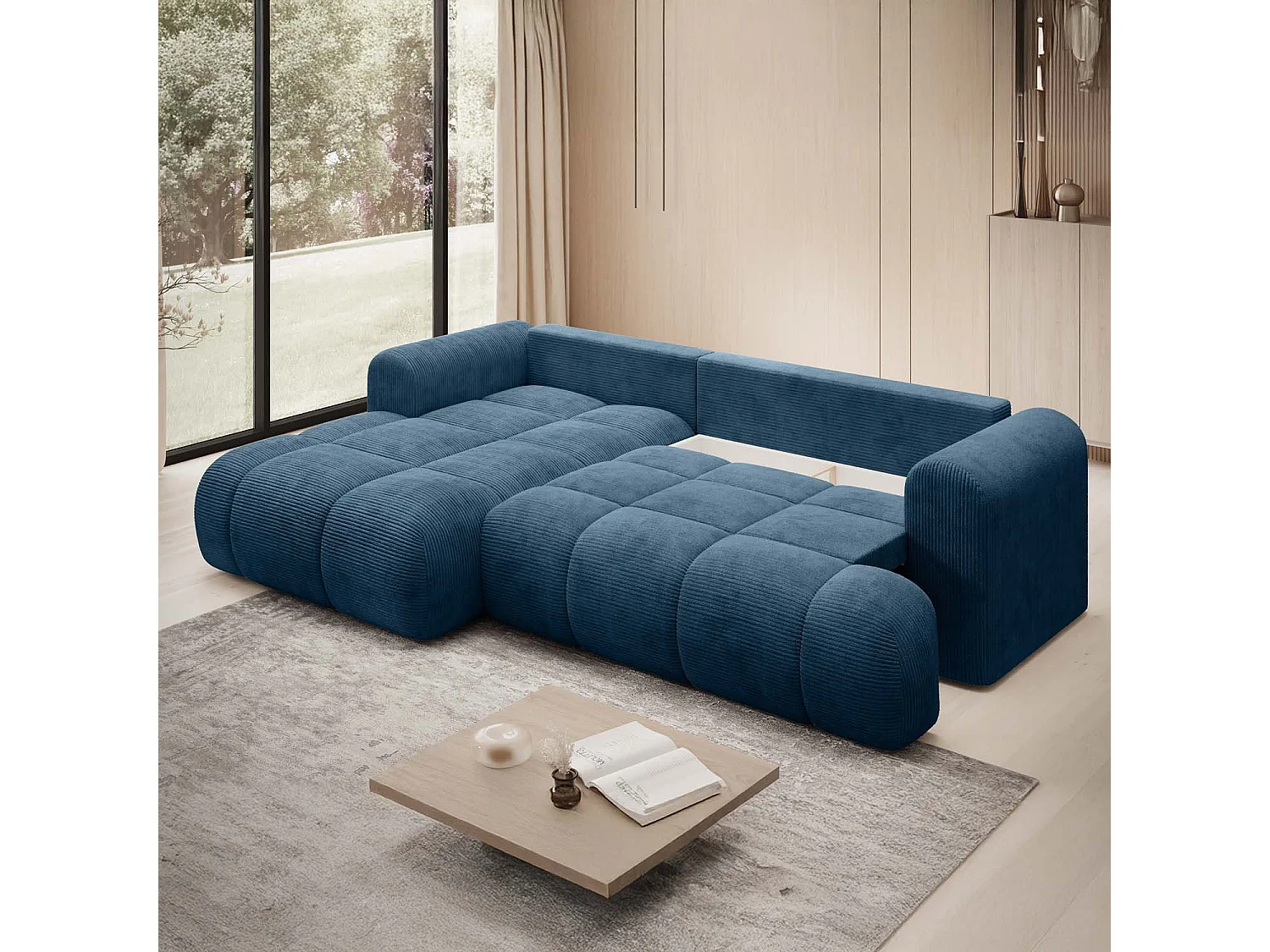 Canapé d'angle gauche convertible Basile velours côtelé Bleu