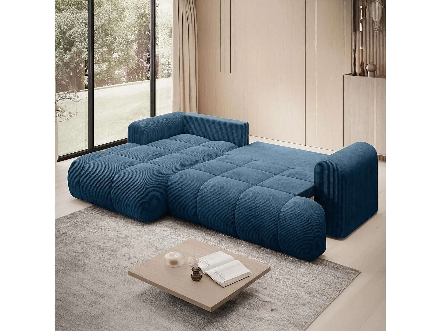 Canapé d'angle gauche convertible Basile velours côtelé Bleu