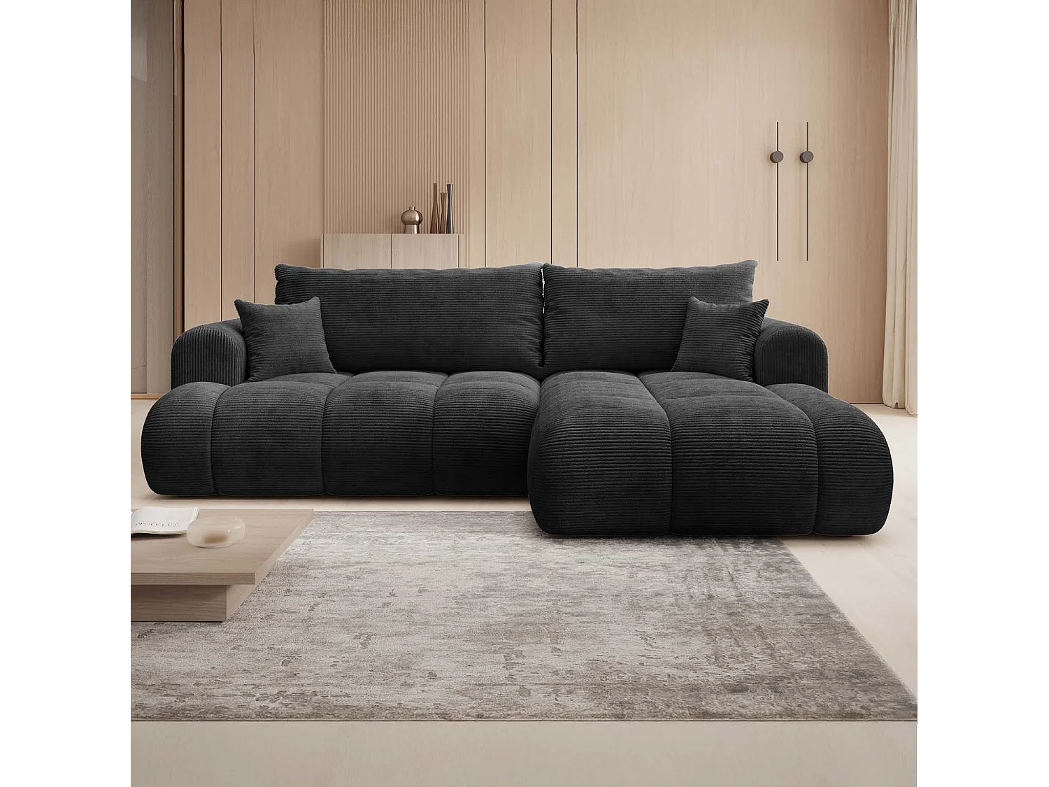 Canapé d'angle droit convertible Basile velours côtelé Noir