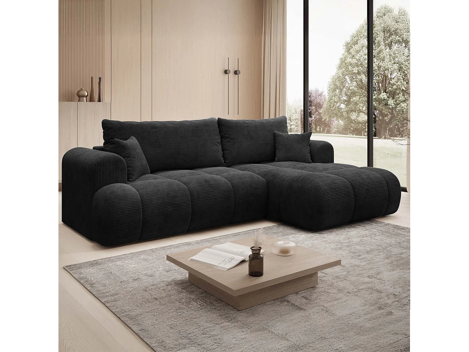 Canapé d'angle droit convertible Basile velours côtelé Noir