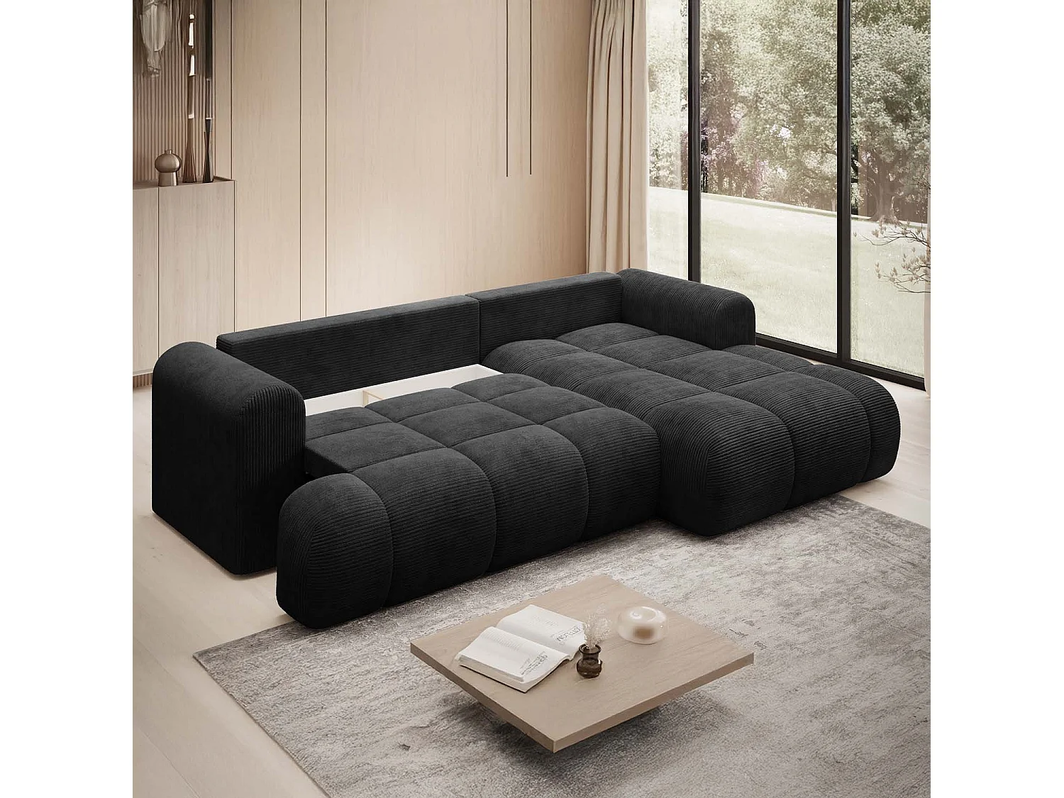 Canapé d'angle droit convertible Basile velours côtelé Noir