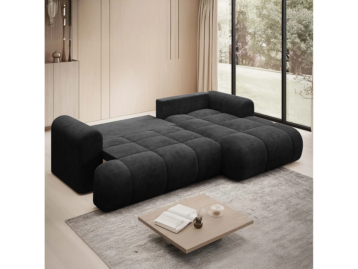 Canapé d'angle droit convertible Basile velours côtelé Noir