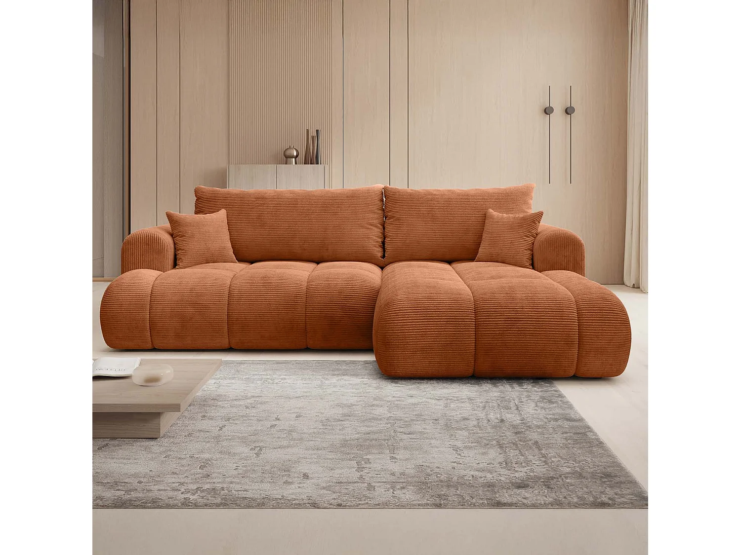 Canapé d'angle droit convertible Basile velours côtelé Terracotta