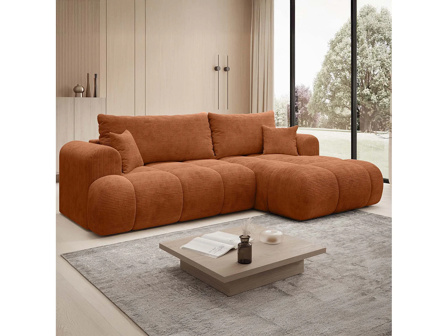 Canapé d'angle droit convertible Basile velours côtelé Terracotta