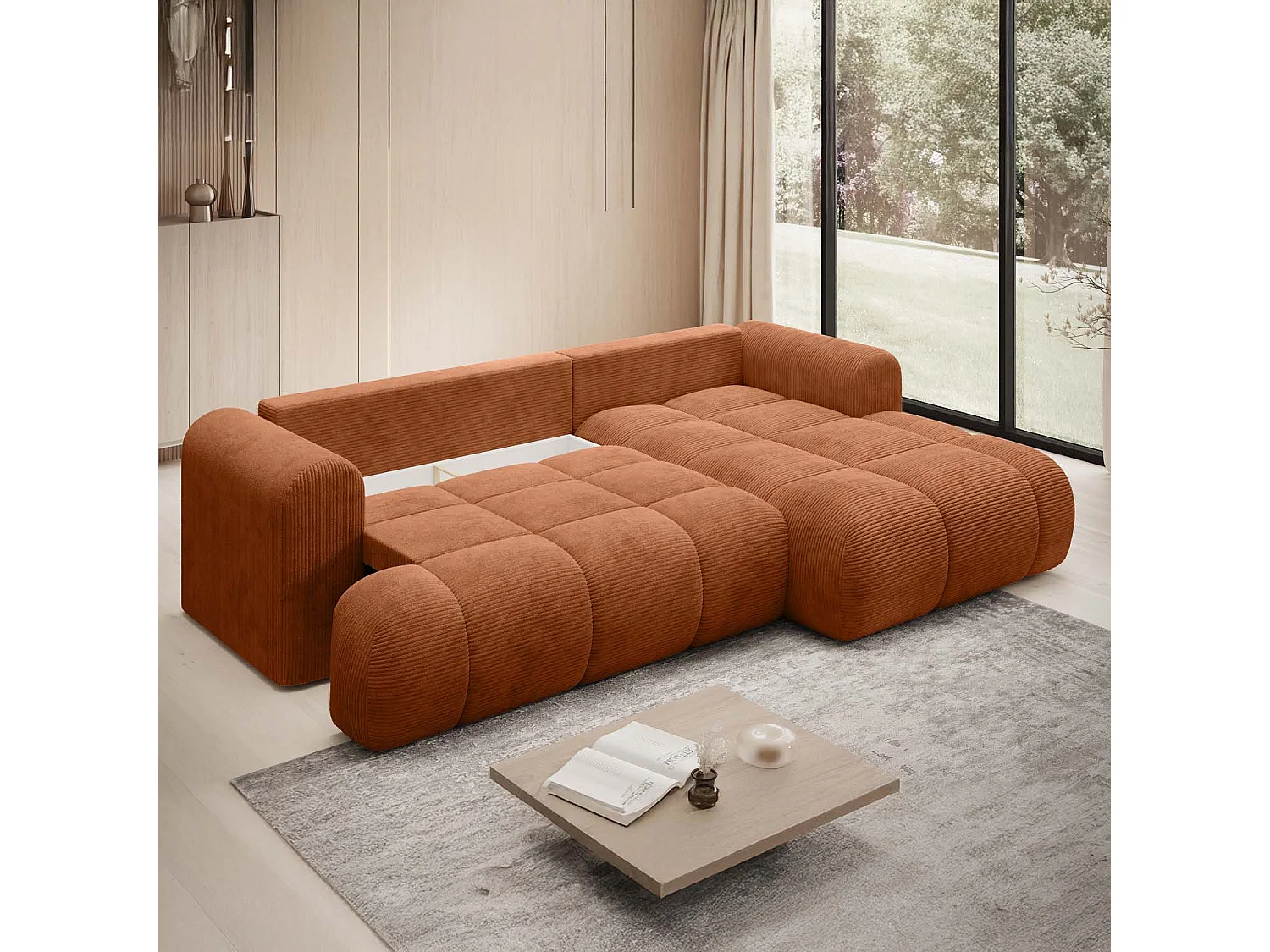 Canapé d'angle droit convertible Basile velours côtelé Terracotta