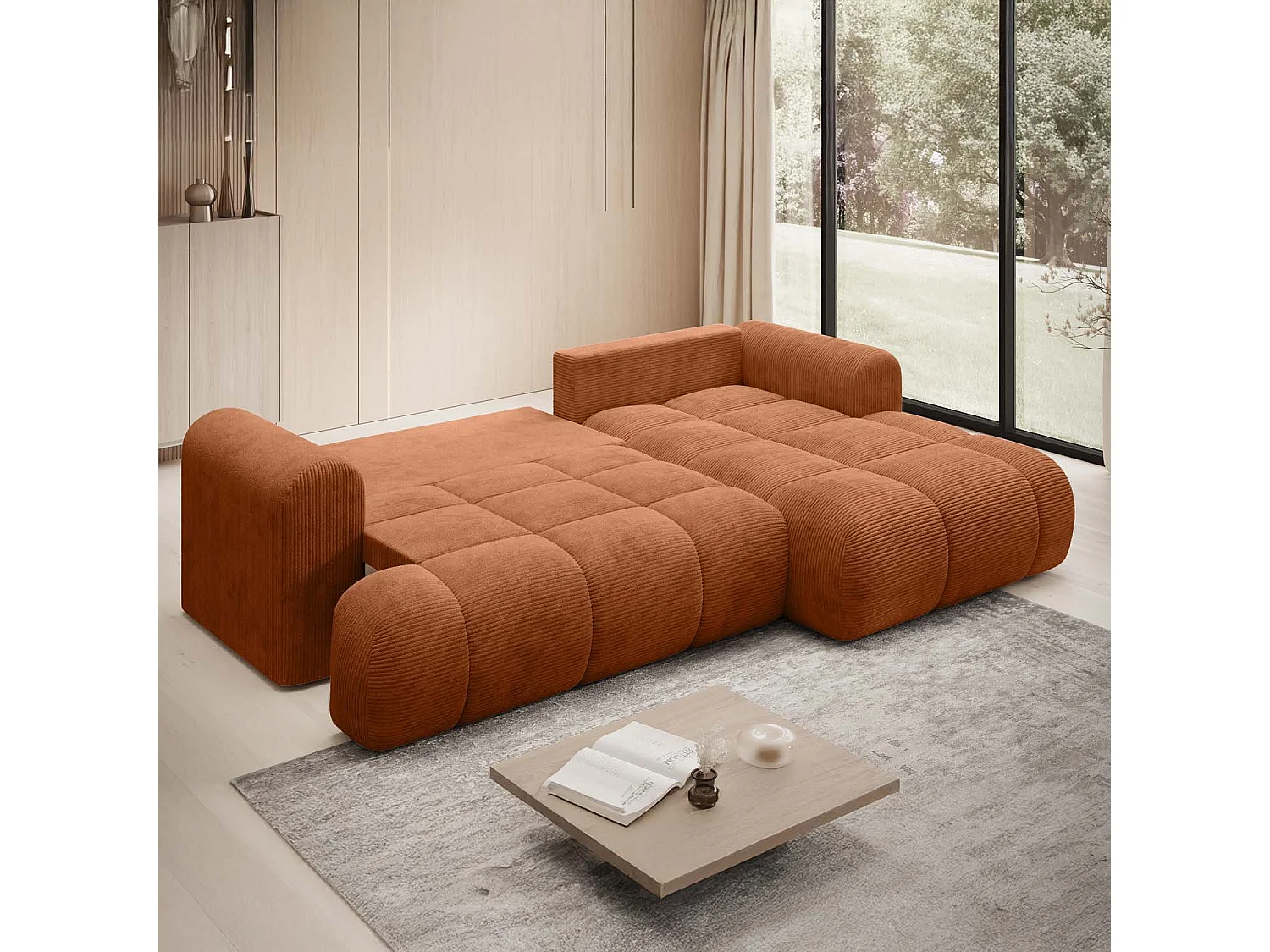 Canapé d'angle droit convertible Basile velours côtelé Terracotta